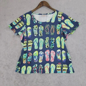 Quacker Factory Women L Flip Flop All Over Print T-Shirt  Short Sleeve 7CT